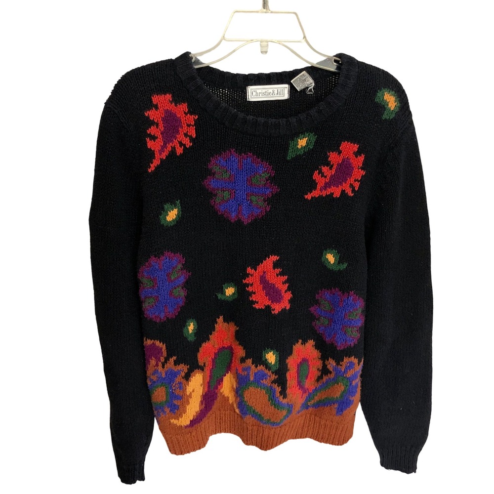 Christie & Jill Sweater Womens S Navy Blue Floral Knit Retro Paisley Vintage 90s